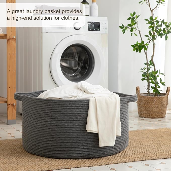 OIAHOMY 90L Blanket Basket for Living Room, Large Basket 23" x 23" x 13" with Handle, Laundry Hamper for Blankets, Pillows, Toy Storage for Kids, Dogs - Grey