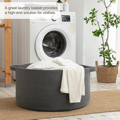 OIAHOMY 90L Blanket Basket for Living Room, Large Basket 23" x 23" x 13" with Handle, Laundry Hamper for Blankets, Pillows, Toy Storage for Kids, Dogs - Grey
