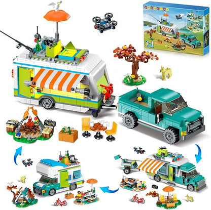HOGOKIDS City Camper Van Building Set with LED Light - 3-IN-1 Holiday RV Camping Building Toy for Kids 879PCS with Tent BBQ Grill Vehicles Friends Creative Adventure Gift for Boys Girls 6-12 Years Old
