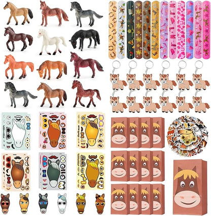110-Piece Horse-Themed Party Favor Set - Includes 12 Horse Figurines, 12 Horse Toy Stickers, 12 Cowboy Slap Bracelets, 50 Horse Stickers, 12 Horse Keychains, and 12 Kraft Paper Bags
