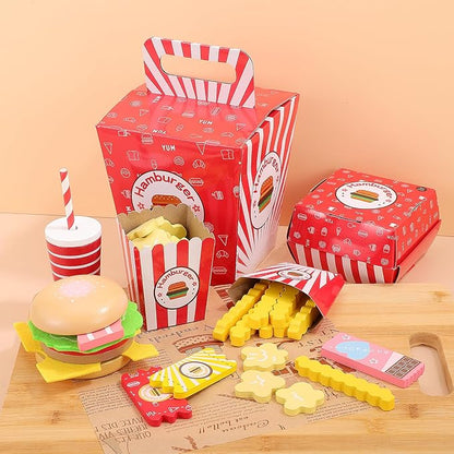 Vaguelly 1 Set Hamburger French Fries Combo Simulation Wooden Food Toys Wooden Kitchen Food Fake Food Wood Pretend Food Kitchen Play Food Happy Burgers Household Paper Bread Child