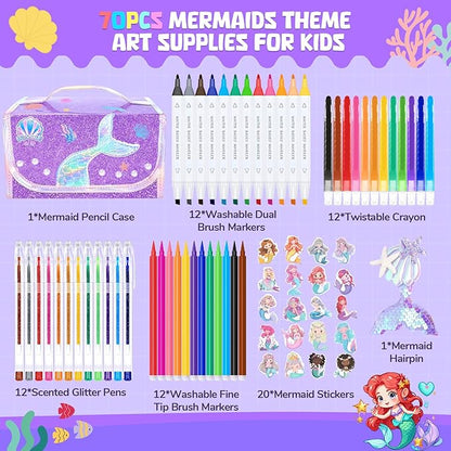 70PCS Mermaid Washable Markers Set with Glitter Pencil Case,Art Supplies for Kids Ages 4-6-8,Drawing Coloring Art Craft Kits for Girls with Marker,Glitter Pens,Crayon,Birthday Gifts Toys for Girls