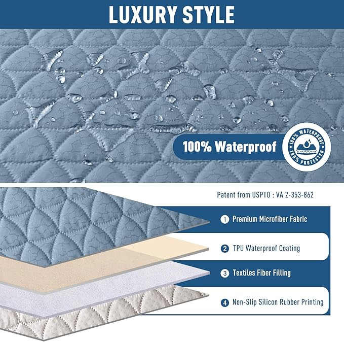 TAOCOCO 100% Waterproof Recliner Cover -Loveseat Recliner Cover with Center Console,Non-Slip Reclining Couch Covers for 2 Seat,with Elastic Straps Pocket for Kids, Dogs(Sky Blue, 2 Seater XL)