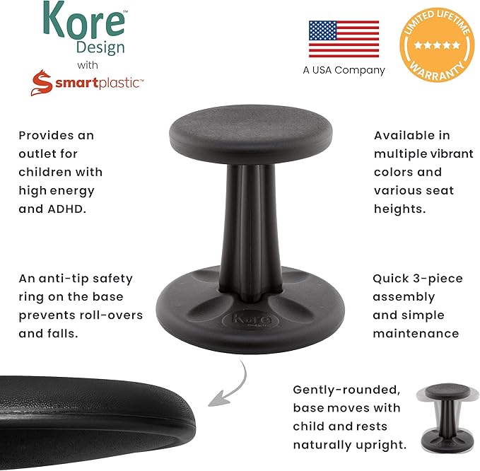 KORE Design Wobble Stool Chair, Girls + Boys Kid Desk Stools, Ergonomic Small Office Chairs, Flexible Seating for Active Child, ADD/ADHD, Classroom, School, Home, Kids (14in), Age 6-7 yrs, Black