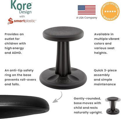 KORE Design Wobble Stool Chair, Girls + Boys Kid Desk Stools, Ergonomic Small Office Chairs, Flexible Seating for Active Child, ADD/ADHD, Classroom, School, Home, Kids (14in), Age 6-7 yrs, Black
