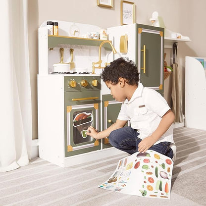 Teamson Kids Versailles Wooden Deluxe Play Kitchen Set Plus Refrigerator with Ice Dispenser and 15 Cookware Accessories, Olive Green