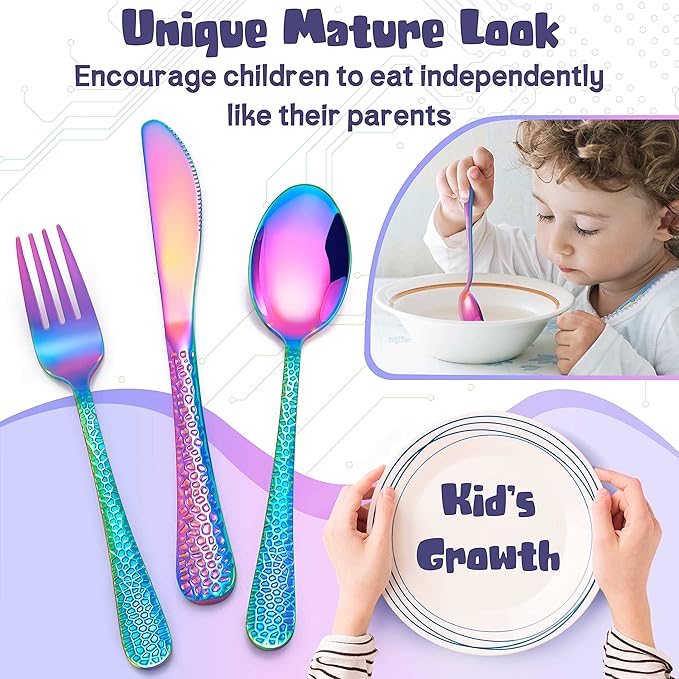 HaWare 9-Piece Toddler Kids Silverware Set, Stainless Steel Hammered Flatware, Preschooler Eating Utensils Includes 3 Spoons 3 Forks 3 Knives, Metal Children Cutlery for Home School, Mirror Finished