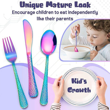 HaWare 9-Piece Toddler Kids Silverware Set, Stainless Steel Hammered Flatware, Preschooler Eating Utensils Includes 3 Spoons 3 Forks 3 Knives, Metal Children Cutlery for Home School, Mirror Finished
