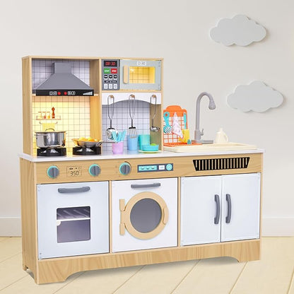 Lil' Jumbl Kids Wooden Natural Color Kitchen Set, Pretend Working Sink with Real Running Water, Includes Range Hood, Microwave & Stove Top, Realistic Sound & Light, Full Accessory Set Included