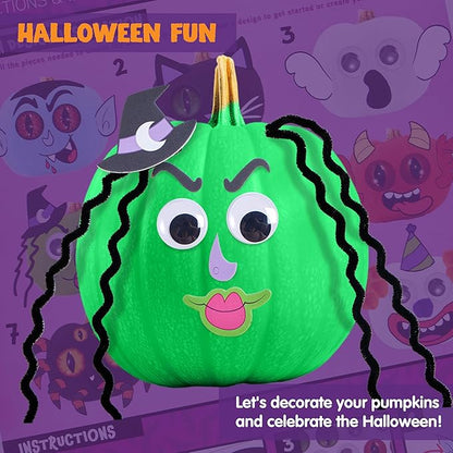 Klever Kits Halloween Pumpkin Painting Decorating Kit for Kids, Art and Craft Party Favors, Halloween Party Games Classroom Activities, DIY Coloring Set with 9 Characters Designs and Realistic Eyes