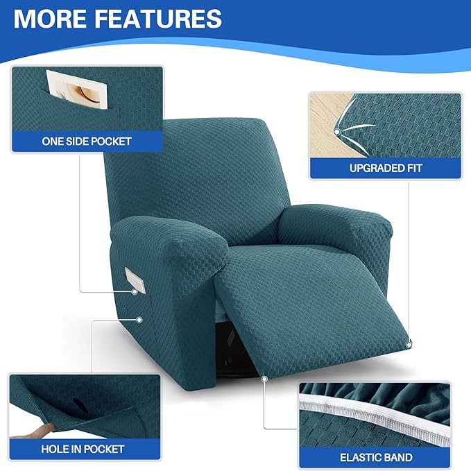 MAXIJIN Recliner Cover Slipcovers for Living Room 4 Pieces Stretch Jacquard Recliner Chair Cover Soft Fitted Recliner Protector with Elastic Bottom for Kids, Pets (Recliner, Peacock Blue)