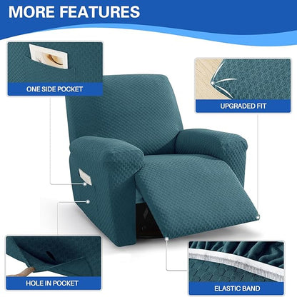MAXIJIN Recliner Cover Slipcovers for Living Room 4 Pieces Stretch Jacquard Recliner Chair Cover Soft Fitted Recliner Protector with Elastic Bottom for Kids, Pets (Recliner, Peacock Blue)
