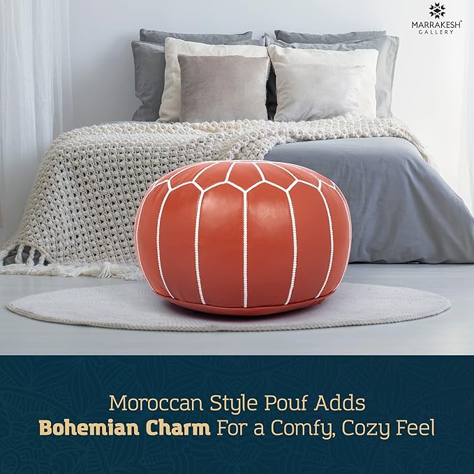 Marrakesh Gallery Genuine Leather Round Pouf Unstuffed - Moroccan Ottoman Footstool, Footrest Cover - Boho Decor - Bohemian Living Room, Bedroom, Kids Room, Gift & Wedding
