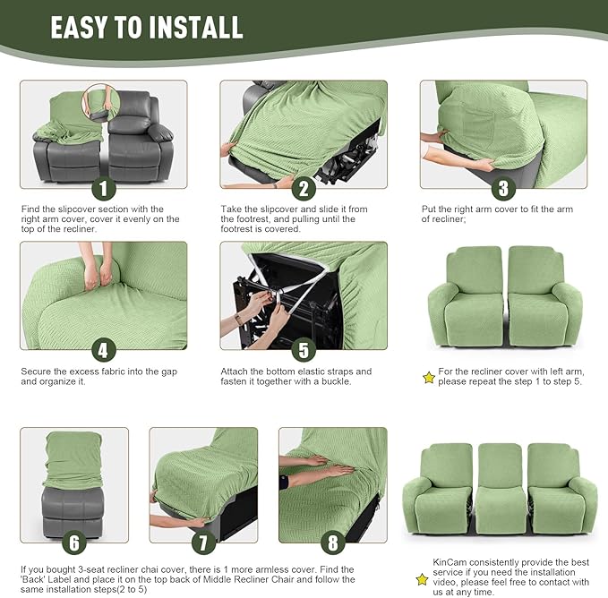 KinCam Recliner Covers, Stretch Reclining Chair Covers, Recliner Sofa Slipcovers Stripe Jacquard Recliner Couch Covers Furniture Protector Covers for Pet Kid (3 Seater, Light Green)