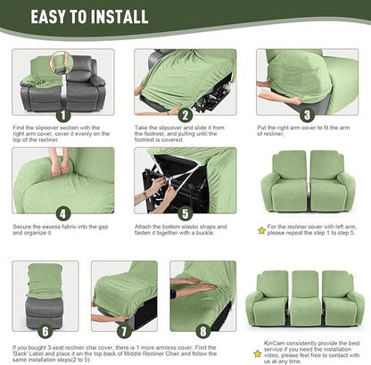 KinCam Recliner Covers, Stretch Reclining Chair Covers, Recliner Sofa Slipcovers Stripe Jacquard Recliner Couch Covers Furniture Protector Covers for Pet Kid (3 Seater, Light Green)