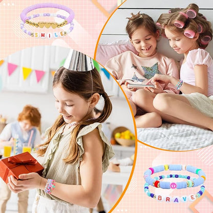 60 pcs Colorful Kids Friendship Bracelet Sets, Stackable Elastic Cute Beaded Bracelets Princess Pretend Play Bracelet Preppy Bracelets Bulk Set for Women Gift