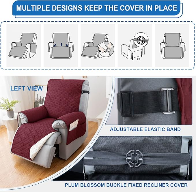 100% Waterproof Nonslip Recliner Covers for Large Recliner, Reclining Chair Covers with 5 Pockets, Elastic Straps, Washable Recliner Protector for Kids, Pets, Dogs, Red