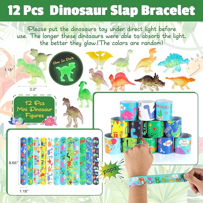 LiYiQ 84 Pcs Dinosaur Party Favors included Mini Hatching Dinosaur Eggs Mini Dinosaur Pull Back Cars Slap Bracelets Make Your Own Dinosaur Stickers and Gifts Bags for Dinosaur Birthday Party Supplies