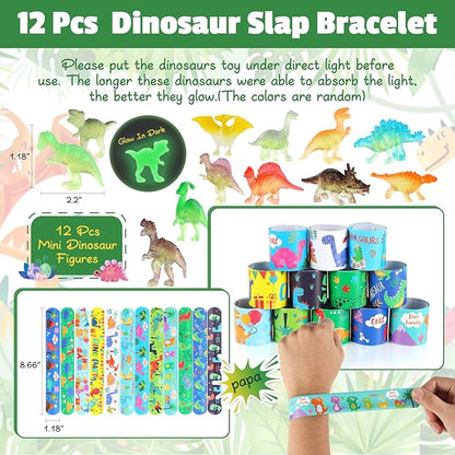 LiYiQ 84 Pcs Dinosaur Party Favors included Mini Hatching Dinosaur Eggs Mini Dinosaur Pull Back Cars Slap Bracelets Make Your Own Dinosaur Stickers and Gifts Bags for Dinosaur Birthday Party Supplies