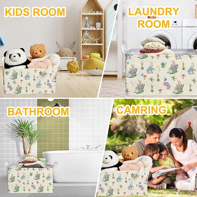 Rabbit Foldable Handle Storage Basket, Waterproof Organizer for Nursery, Bunny Square Toys Bin, Rectangular Book Box, Versatile Clothes Container, Gift Hamper for Girls and Boys Home Decor