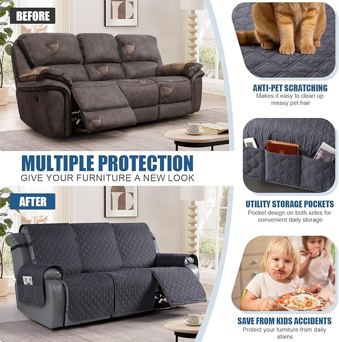 TAOCOCO 100% Waterproof Recliner Covers, Recliner Sofa Covers with Leg Straps, Reversible Recliner Couch Cover for Reclining Chair, Washable Couch Protector for Pets Kids(3 Seater, Charcoal Gray)