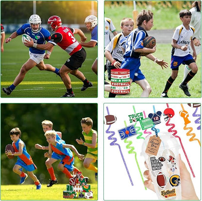 Football Party Favors 184 Pcs Football Birthday Party Decoration With Cups Straws Slap Bracelets Whistles Wristbands Keychains Stickers Thank you Tags for Sports Party Supplies (Football)
