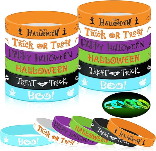24 Pcs Halloween Luminous Silicone Wristbands, Glow in The Dark Classic Halloween Patterns Rubber Bracelets for Halloween Trick or Treat Theme Party Favors Goodie Bag Stuffers Supplies