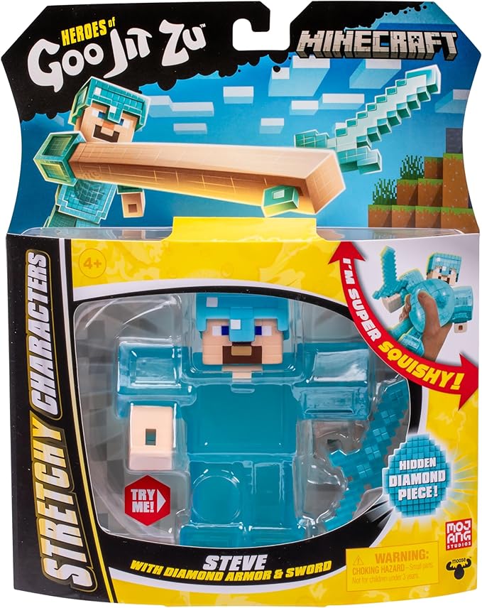 Heroes of Goo Jit Zu Minecraft Stretchy Characters, Steve with Diamond Armor & Sword, Super Squishy Goo Filling with Hidden Diamond Piece Inside, Stretch Him Up to 3 Times His Size - Sensory Toys