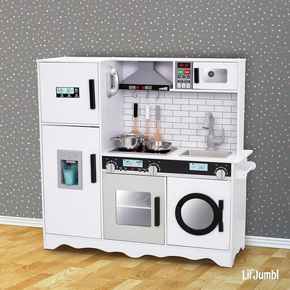 Lil’ Jumbl Kids Kitchen Set, Pretend Wooden Play Kitchen, Battery Operated Icemaker, Microwave, Range Hood, Stove Top, Oven, with Realistic Sound & Lights, Pots, Pan, & Utensils Included