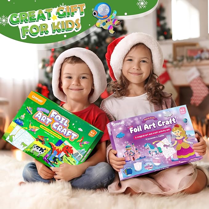 Fun Foil Art Craft Kits, 2 In 1 DIY Dinosaur & Space Creative Sticker Coloring Activity, Travel Toys, Arts and Crafts for Kids 4-6, No Mess Art Craft Supplies, 4 5 6 7 8 9 10 Year Old Boy Girl Gifts