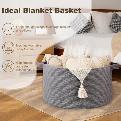 OIAHOMY 90L Blanket Basket for Living Room, Large Basket 23" x 23" x 13" with Handle, Laundry Hamper for Blankets, Pillows, Toy Storage for Kids, Dogs - Light Grey