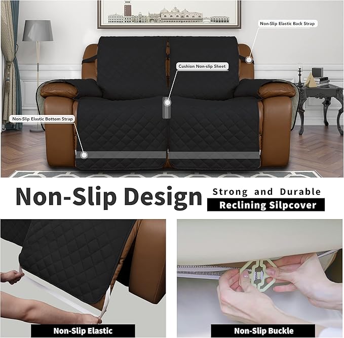 Easy-Going Loveseat Recliner Cover, Reversible Couch Cover for Double Recliner, Split Sofa Cover for Each Seat, Furniture Protector with Elastic Straps for Kids, Dogs, Pets(2 Seater, Black/Beige)