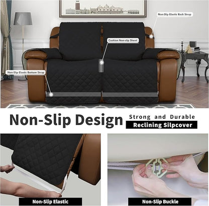 Easy-Going Loveseat Recliner Cover, Reversible Couch Cover for Double Recliner, Split Sofa Cover for Each Seat, Furniture Protector with Elastic Straps for Kids, Dogs, Pets(2 Seater, Black/Beige)