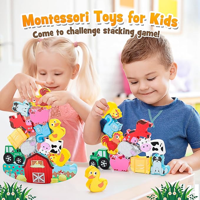 Montessori Toys for Kids 3-7 Wooden Farm Animal Blocks Stacking Games Toy for 3 4 5 6 Year Old Girls Boys Birthday Gifts Toddler Educational Toys Balance Game for Boy Girl Age 2-4