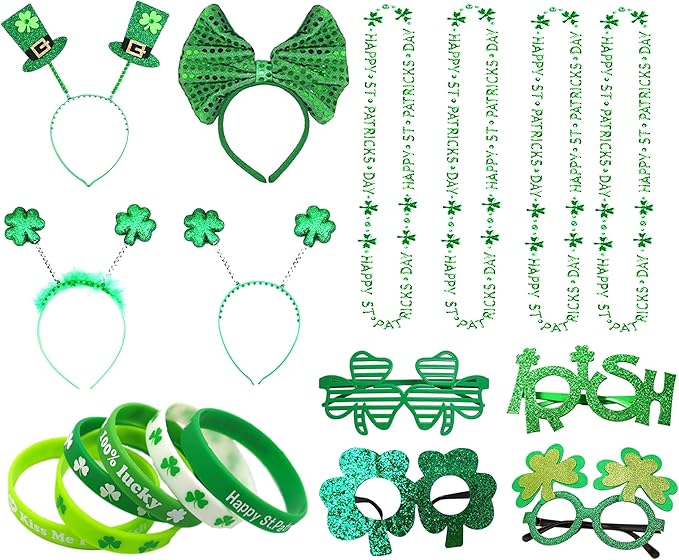 Atonofun 18 Pcs St. Patrick's Day Accessories for Kids, St. Patrick's Day Headbands, Lucky Bracelet, Shamrock Eyeglass and Clover Necklace for Irish Party Supplies Decorations