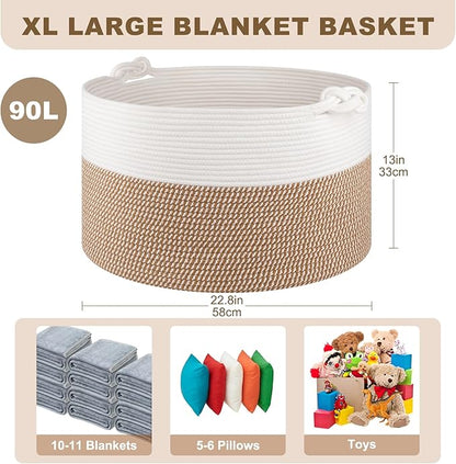 OIASKET Large Blanket Storage Basket for Living Room, 22.8" x 22.8" x 13" Woven Cotton Rope Basket with Handles, Baby Toy Storage, Laundry Hamper for Clothes, Pillows, Towels-Yellow and White