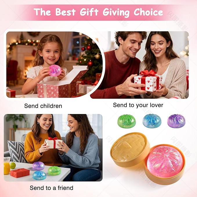 Sugar Dumpling Squishy, Glitter Squishies Dumpling Mystery Box, Viral Bao Bun Squeeze Toy,Stress Relief Fidget Toys (Pink)