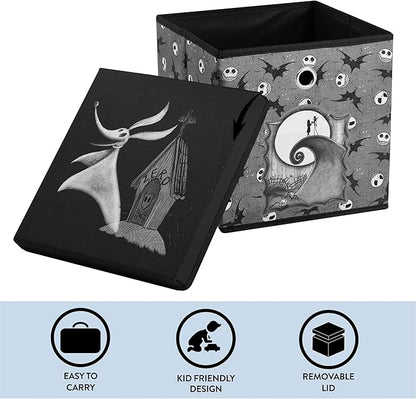 The Nightmare Before Christmas Collapsible Storage Cube with Removable Lid,10"x10"x10" Fabric Organizer Bin for Essentials