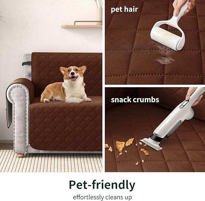 CHUN YI Couch Cover, Water Resistant Slipcover for 3 Cushion Sofa, Reversible Washable Sofa Cover with Adjustable Strap Storage Pocket for Living Room Dog Pet (Sofa, Chocolate)