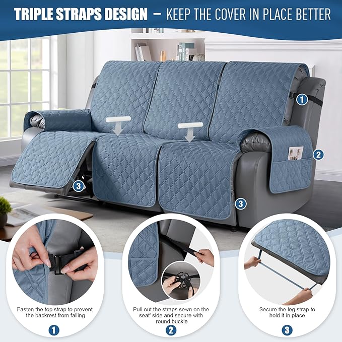 TAOCOCO 100% Waterproof Recliner Covers, Recliner Sofa Covers with Leg Straps, Reversible Recliner Couch Cover for Reclining Chair, Washable Couch Protector for Pets Kids(3 Seater, Sky Blue)
