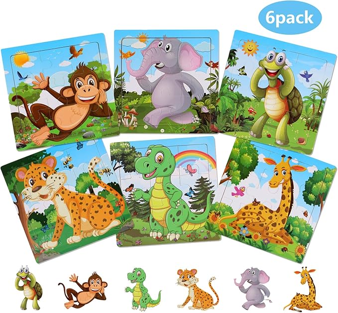 NASHRIO Wooden Puzzles for Toddlers 2-5 Years Old(Set of 6), 9 Pieces Preschool Educational and Learning Animal Jigsaw Puzzle Toy Gift Set for Boys and Girls