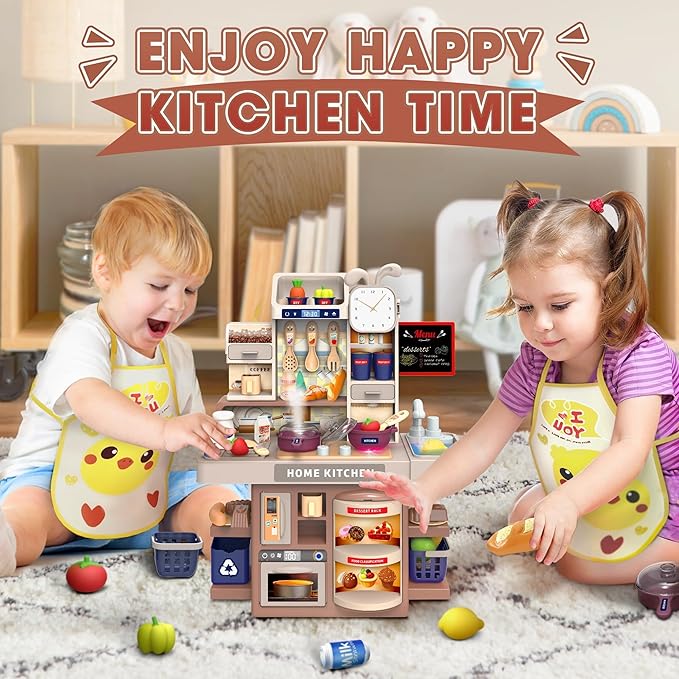 Mini Kids Kitchen Playset with Apron, Play Kitchen Toy with Realistic Steam and Lights, Play Sink and Toy Kitchen Accessories, Pretend Play Gift for Toddlers 3-5 Boys Girls (Grey)