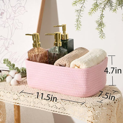 MiniArk Small Storage Baskets for Organizing | Closet Organizer Bins | Shelf Toy Basket | Woven Rope Baskets | Cube Decorative Box | Shallow Basket | 11.5x7.5x4.7” | 3 Packs Pink