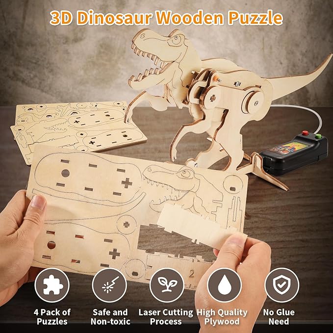 Dinosaur STEM Kits for Kids Ages 6-8-10-12, 4 in 1 Wood Building Toys for Boys Age 8-12, Build It Yourself Woodworking Kit, DIY 3D Wooden Puzzles Model Science Crafts for Kids, Stem Projects