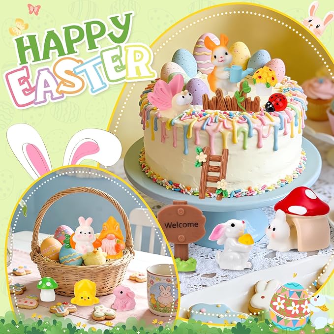 56 Pcs Easter Mini Resin Figures 56 Style Little Figures to Hide Tiny Small Bunny Chick Basket Carrot Bulk Miniature Figurines for Easter Egg Fillers Party Favors Fairy Garden Dollhouse Table Decor
