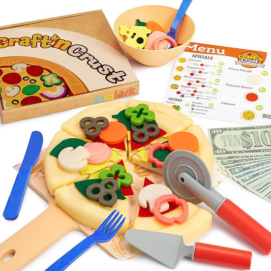 Play Food Toddler Toy - Pizza Toy with 18 Toppings - Pretend Cutting Food for Kids - Craft 'n Crust - Interactive Check Out - Play Money - Cooking Kitchen Accessories for Boys and Girls