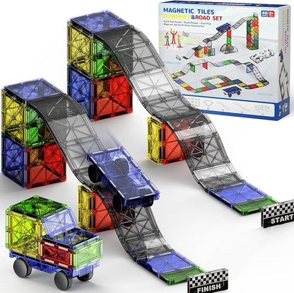 WMXDU 2-in-1 Dynamic Magnetic Downhill & Race Track Set - 40PCS Expandable Magnetic Tiles with Car for Creative STEM Play The Ultimate Travel Toy & Gift for Kids Ages 3-8 (40pcs-Race Set)