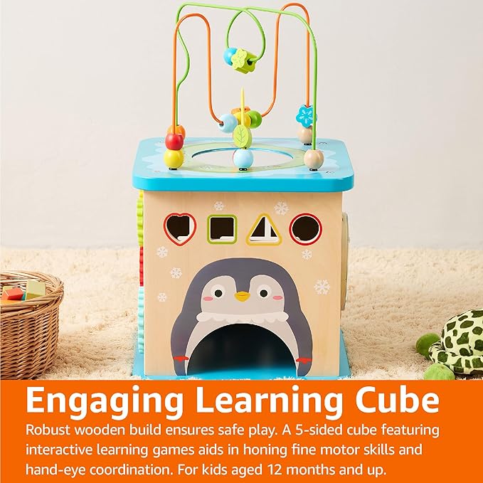 Amazon Basics Kids Wooden Educational Activity Learning Cube Toy, Gift for Toddlers Age 12M+, Developmental Shape Sorter, Multicolor, 13.4x22.5x13.4inches