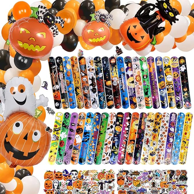 Mprocen Halloween Slap Bracelets 199PCS Assorted Slap Bands Wristbands Balloons Stickers Party Favors Gift Filler Supply