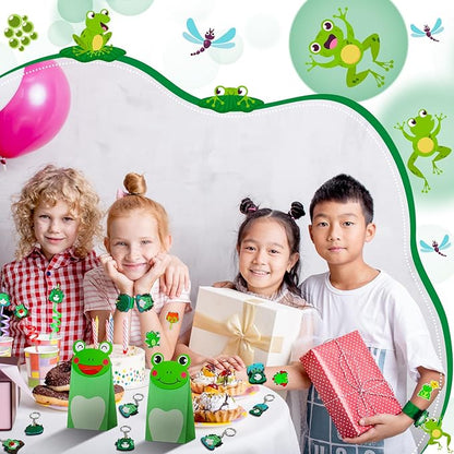 98 Pcs Frog Party Favor Supplies Set Include Frog Party Paper Bags Frog Stickers Frog Keychains Curly Drinking Straws Animal Slap Bracelets for Boy Girl Animal Frog Themed Birthday Decoration